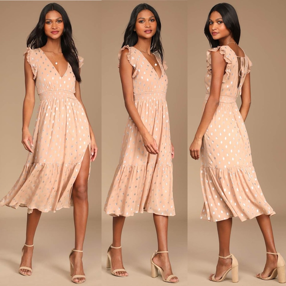 Lulus Cause to Celebrate Mauve Silver Metallic Ruffle Tiered Midi Dress